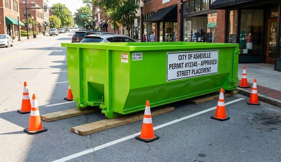 Permitted 12-yard dumpster in downtown parking spot